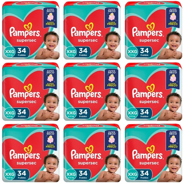 Kit 9 Fraldas Supersec Hiper ”Xxg” Pampers Simples c/34 Unidades cada