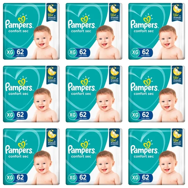 Kit 9 Fraldas Pampers Confort Sec Plus XG com 62 unidades cada