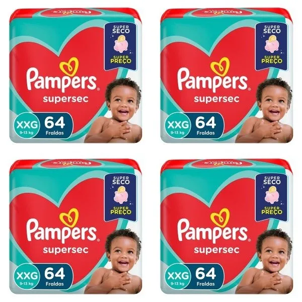 Kit 4 Fraldas Supersec Jumbo ”Xxg” Pampers Simples c/64 Unidades cada
