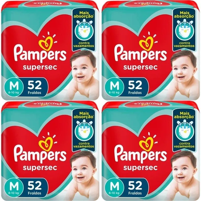 Kit 4 Fraldas Supersec Hiper ”M” Pampers Simples c/52 Unidades cada