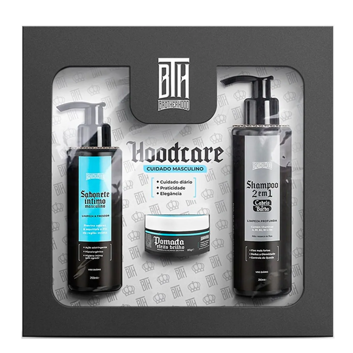Kit Hoodcare BTH Shampoo 2 em 1 + Sabonete Íntimo + Pomada Brilho 280ml