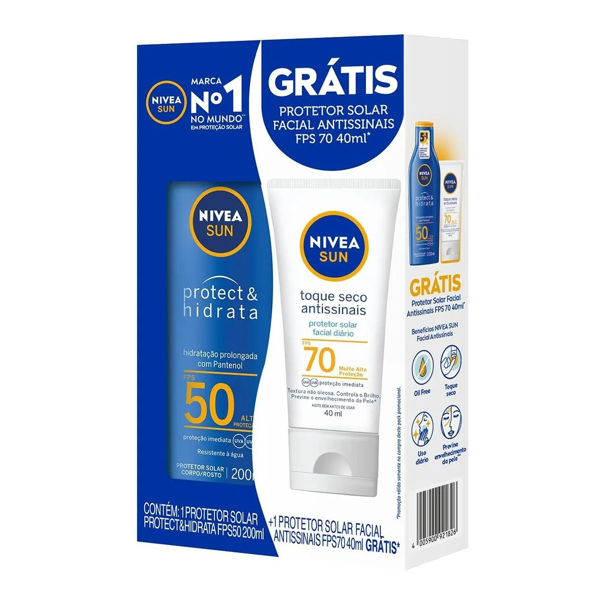 Kit Nivea Sun Protetor Solar Protect e Hidrata Fps50 200Ml e Facial Toque Seco Antissinais Fps70 40Ml