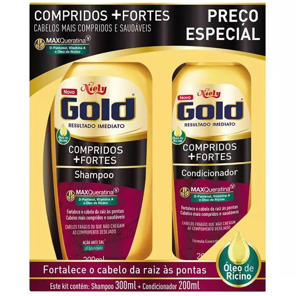 Kit Shampoo 300ml Condicionador 200ml Compridos Fortes Niely Gold