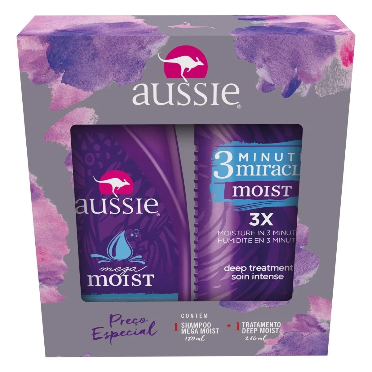 Kit Shampoo Moist 180ml   Creme de Tratamento 3 Minute Miracle Moist 236ml Aussie
