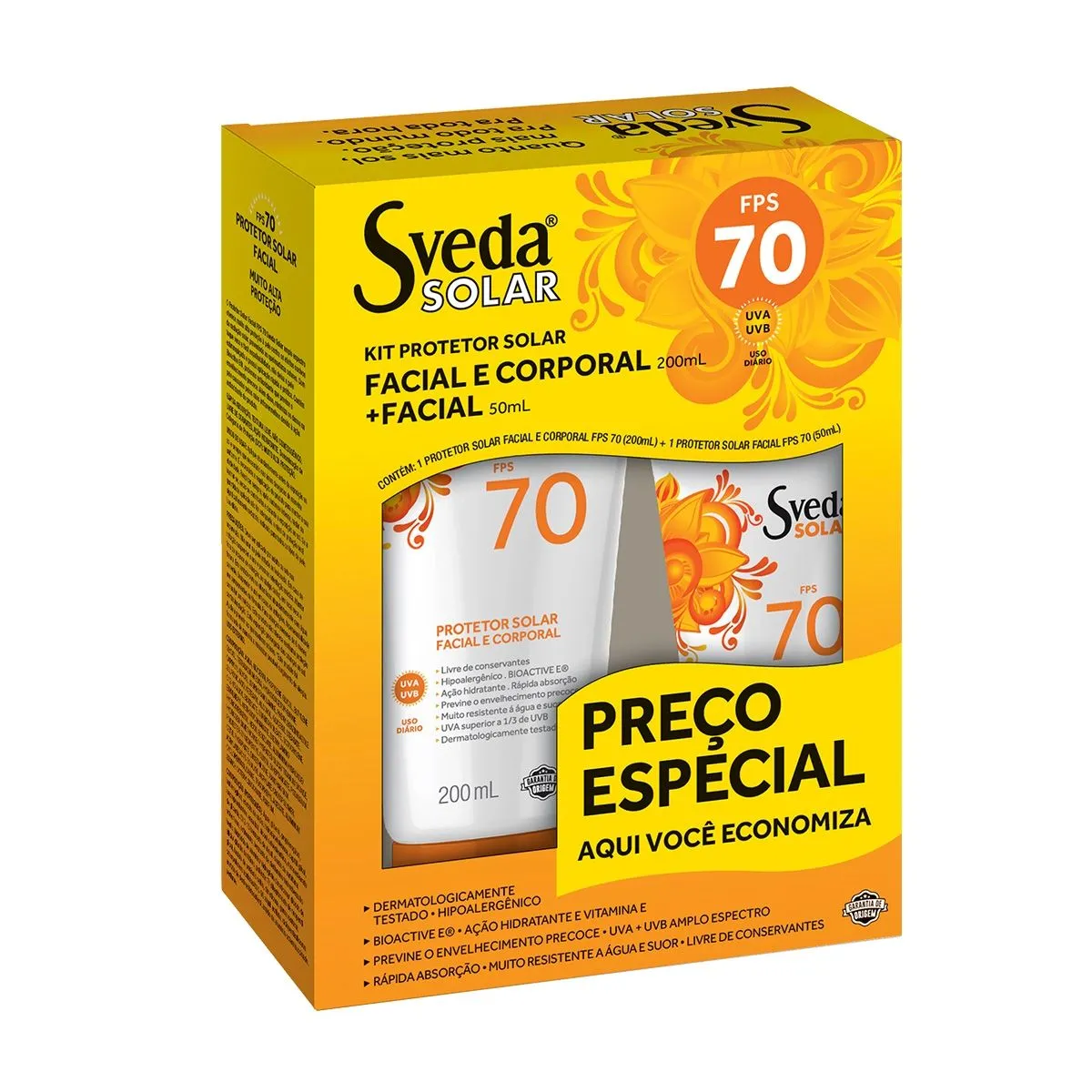 Kit Sveda Protetor Solar Facial e Corporal 200ml e Facial 50ml Fps70