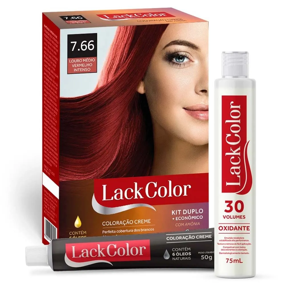 Kit Tintura Creme 7.66 Louro Médio Vermelho Intenso Lack Color