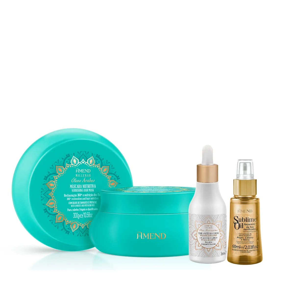 Amend Millenar Óleos Árabes Masc 300ml + Óleo Elixir Nutritivo 75ml + Sublime Oil 60ml | By Linda