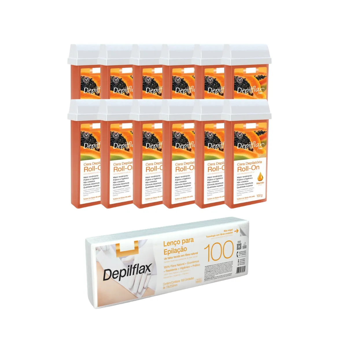 Depilflax Cera Roll-on Refil Mamão 100g 12 Uni + Lenço Depilatório c/ 100 Folhas | By Linda