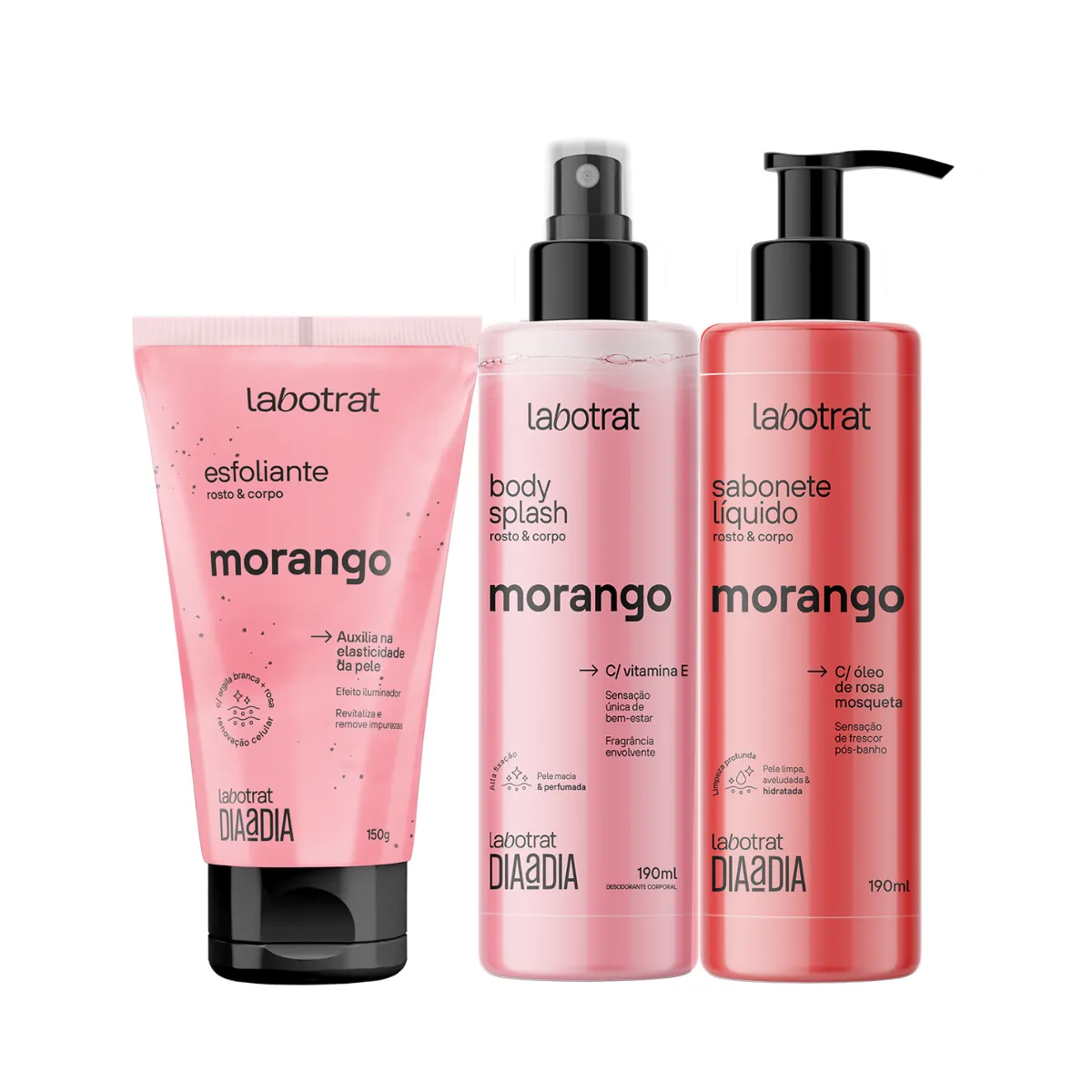 Kit Dia a Dia Morango Esfoliante 150ml + Body Splash + Sabonete