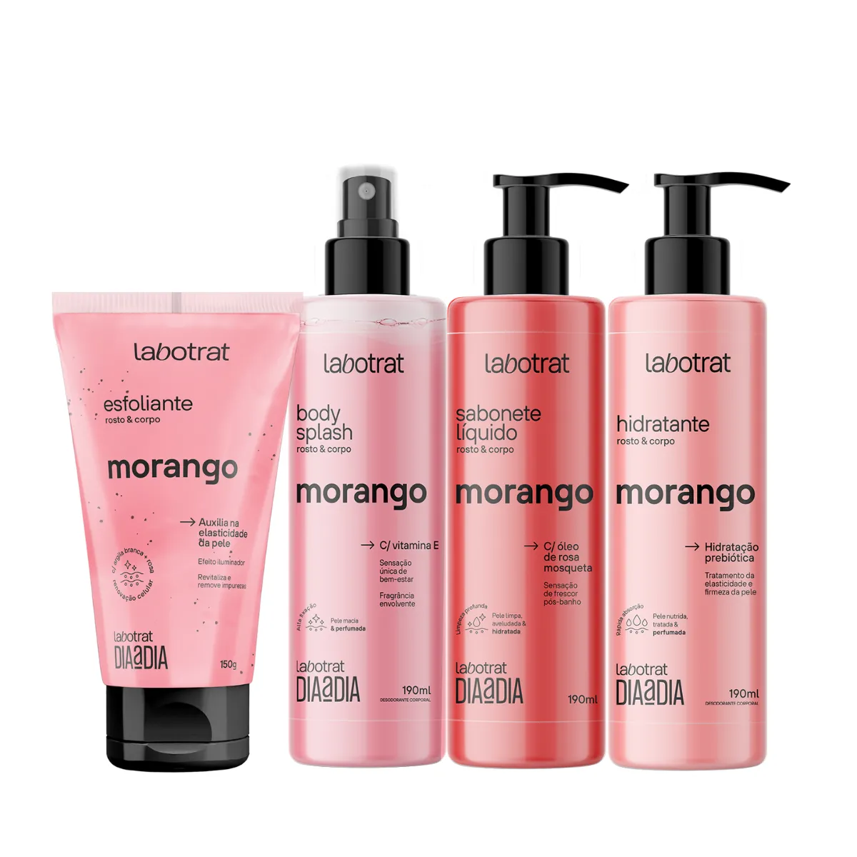 Kit Dia a Dia Morango Esfoliante 150ml + Body Splash + Hidratante + Sabonete