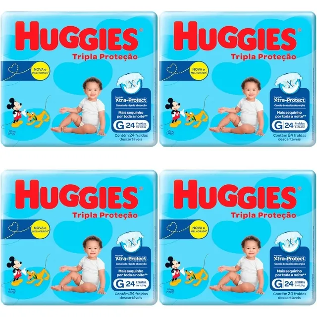 Kit 4 Fraldas Huggies Tripla Proteção Jumbo (G) 24 Unidades cada