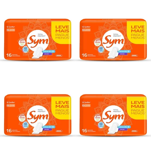 Kit c/4 Absorvente Sym Total Protect Cobertura Seca Com Abas 16 Unidades cada