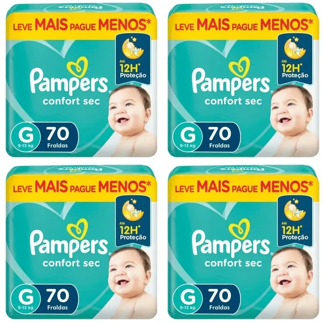 Kit 4 Fraldas Confortsec Bag ”G” Pampers Simples c/70 Unidades cada