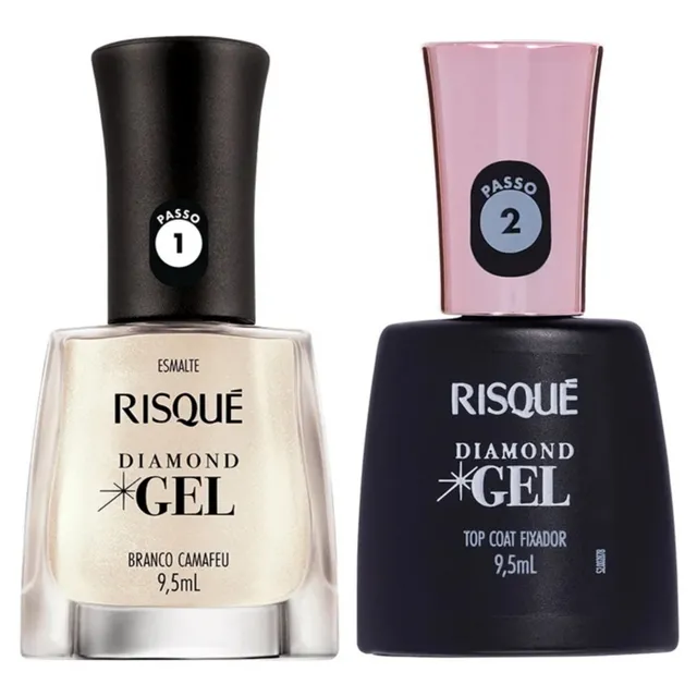 Kit Esmalte Risque Diamond Gel Branco Camafeu + Fixador Top Coat