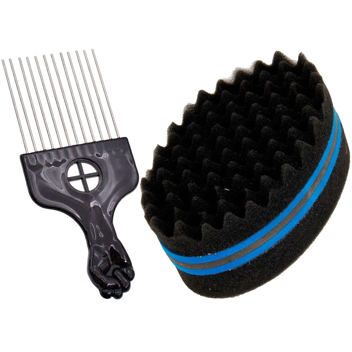 Esponja Dupla Nudred Modeladora de Cabelo Afro + Pente Garfo Azul