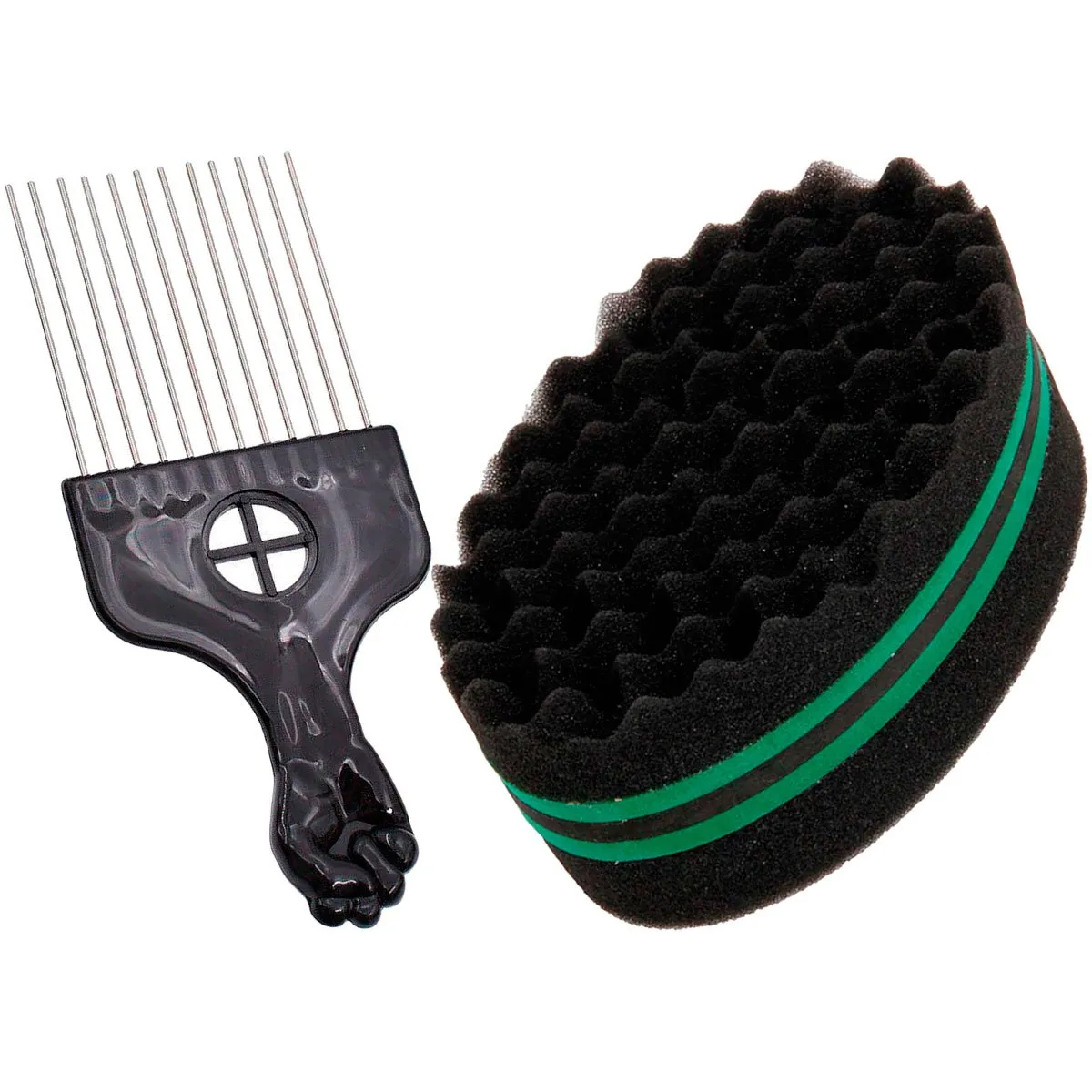 Esponja Dupla Nudred Modeladora de Cabelo Afro + Pente Garfo Verde