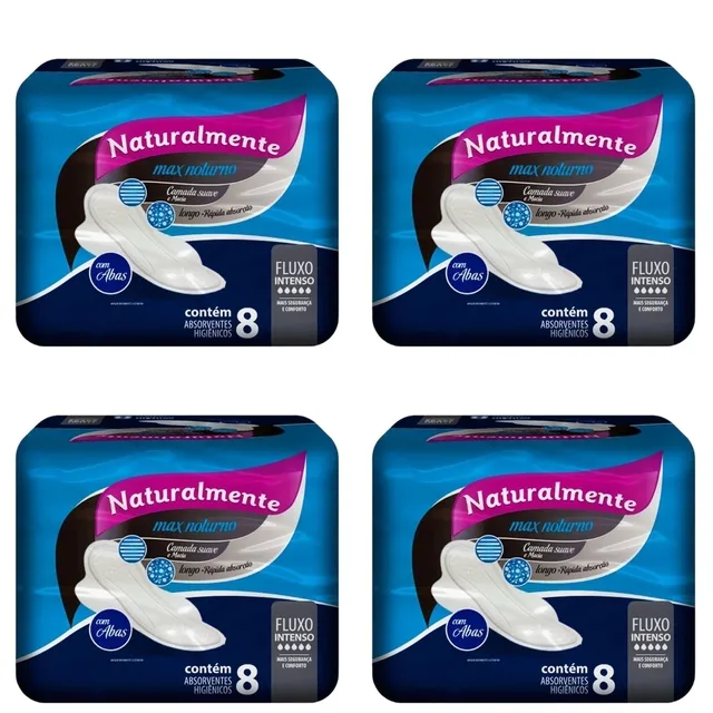 Kit c/4 Absorventes Naturalmente Max Noturno S/Abas 8 unidades cada