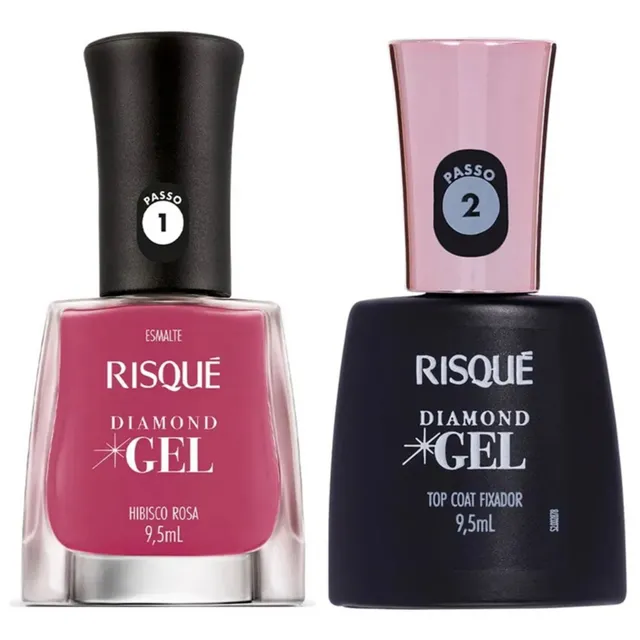 Kit Esmalte Risque Diamond Gel Hibisco Rosa + Fixador Top Coat