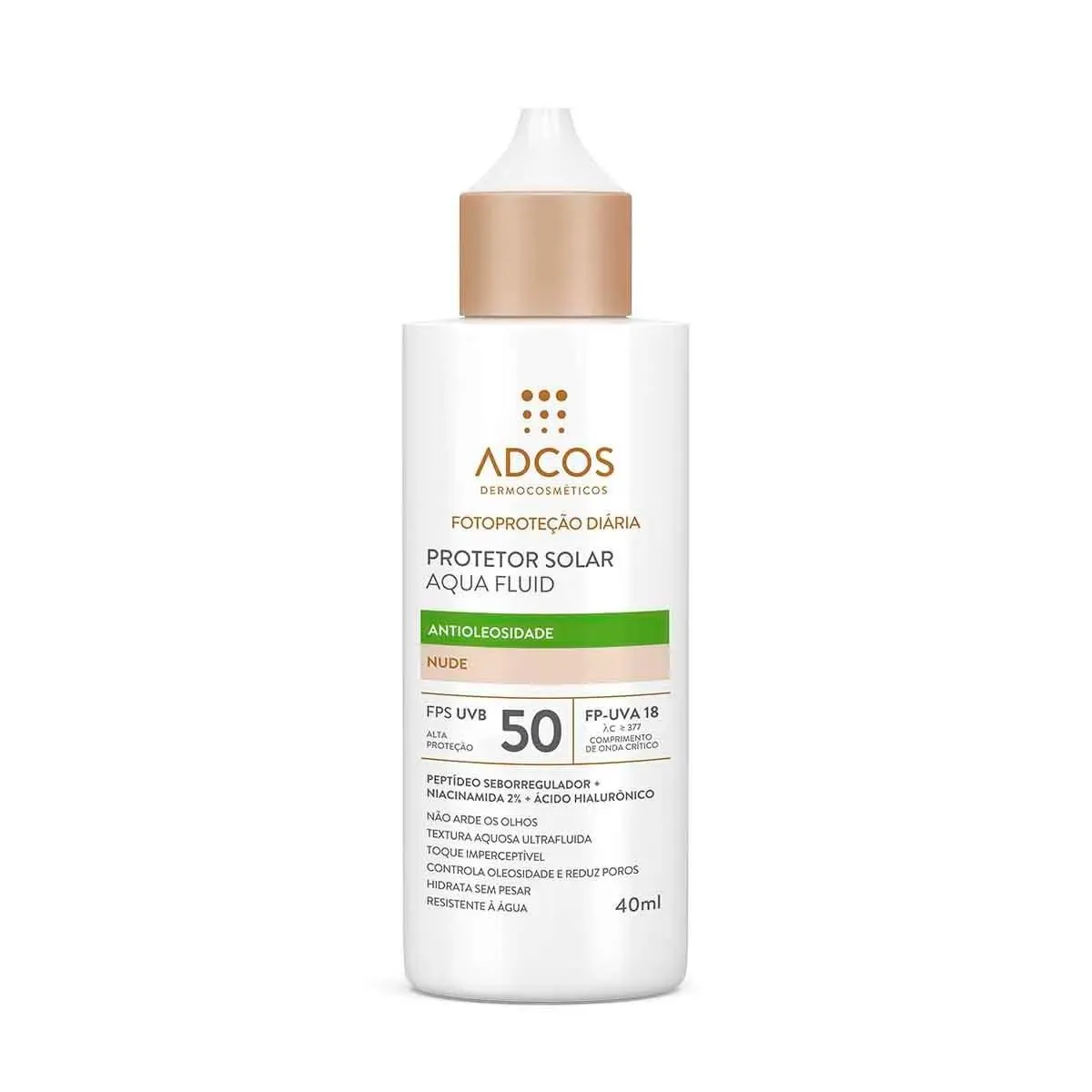 Protetor Solar Facial Aqua Fluid Antioleosidade FPS 50 Nude 40ml Adcos