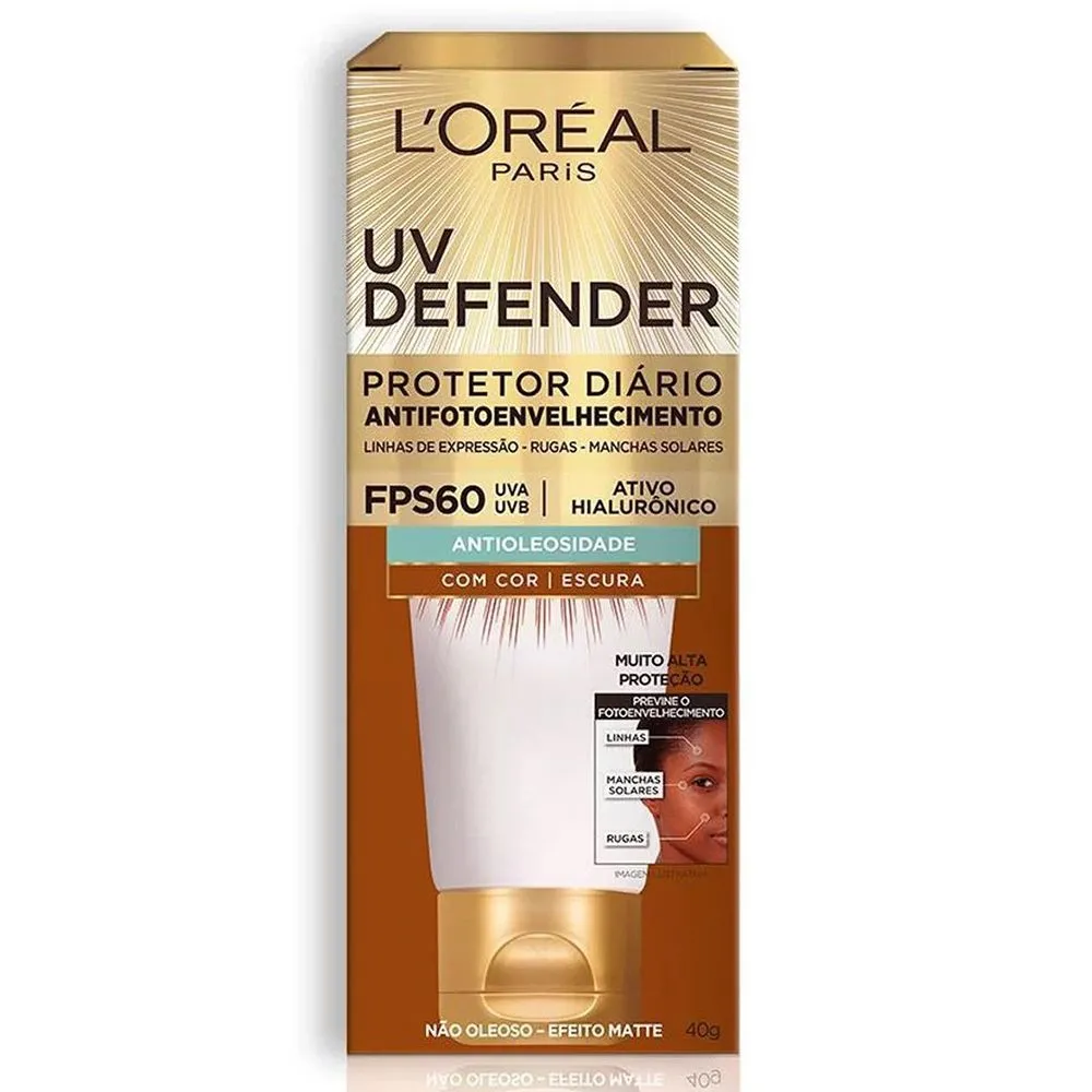 Protetor Solar Facial L'Oréal UV Defender Antifotoenvelhecimento Cor Escura FPS60 40g