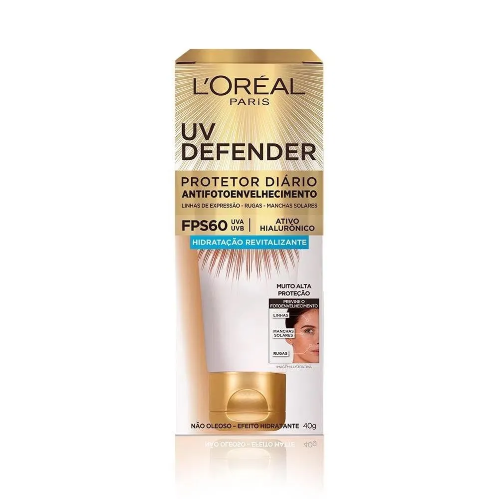 Protetor Solar Facial L'Oréal UV Defender Antifotoenvelhecimento Hidratação Revitalizante FPS60 40g