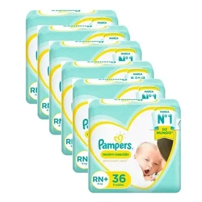 Kit 6 Fraldas Recem Nascido ”Rn+” Pampers Simples c/ 36 Unidades cada