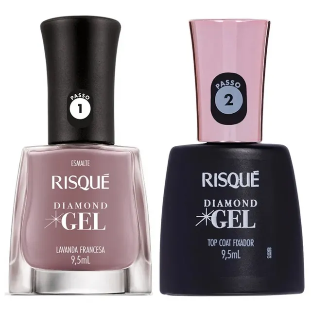 Kit Esmalte Risque Diamond Gel Lavanda Francesa + Fixador Top Coat
