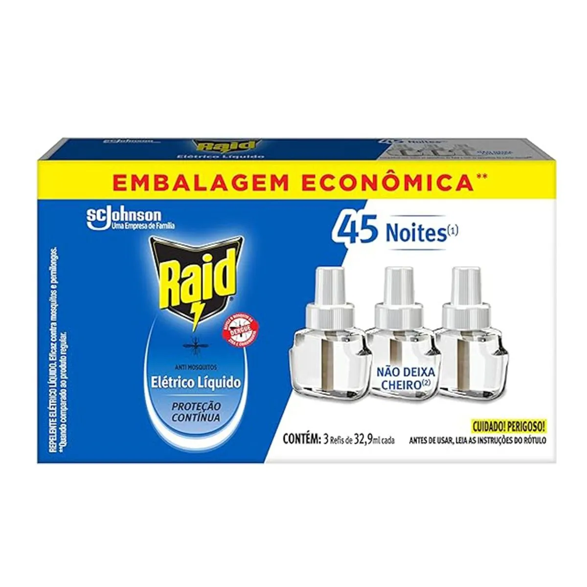 Refil Repelente Raid Elétrico Líquido 45 Noites Com 3 Unidades de 32,9ml Cada
