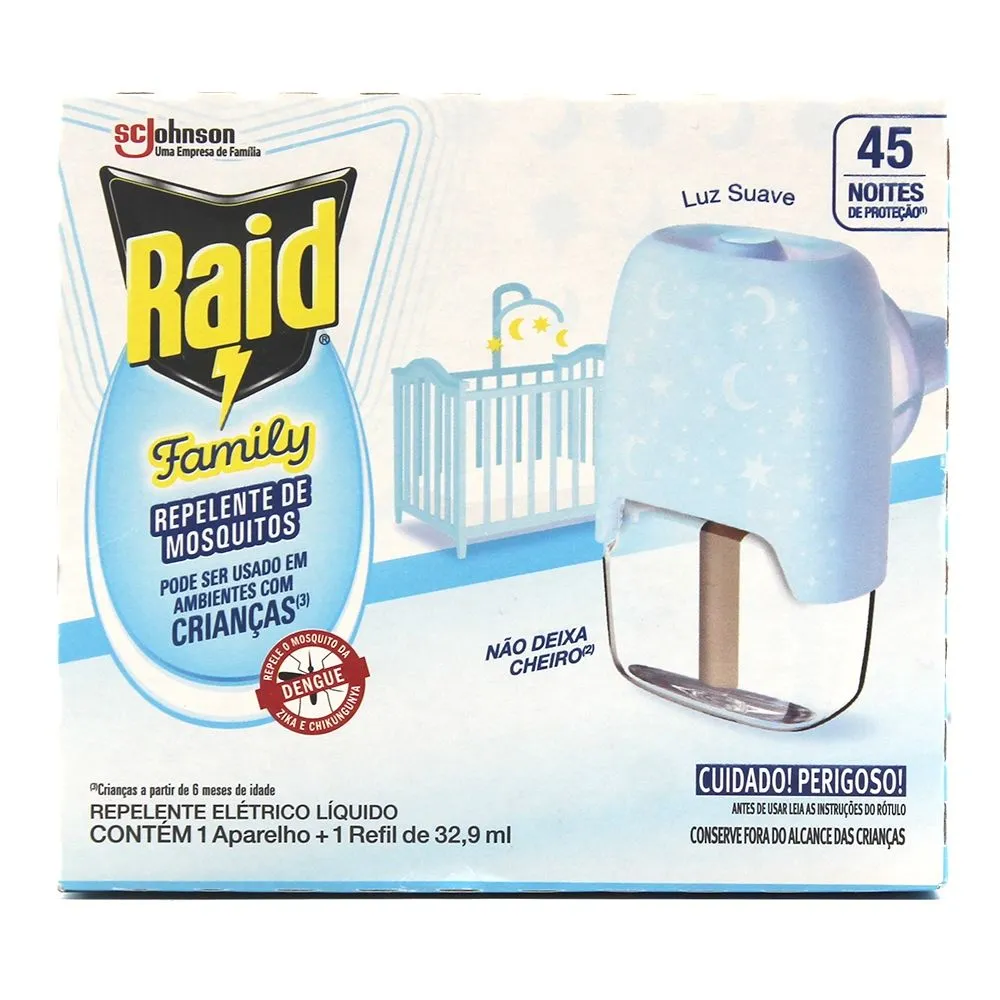 Repelente Raid Family 45 Noites Líquido 32,9mL + Aparelho