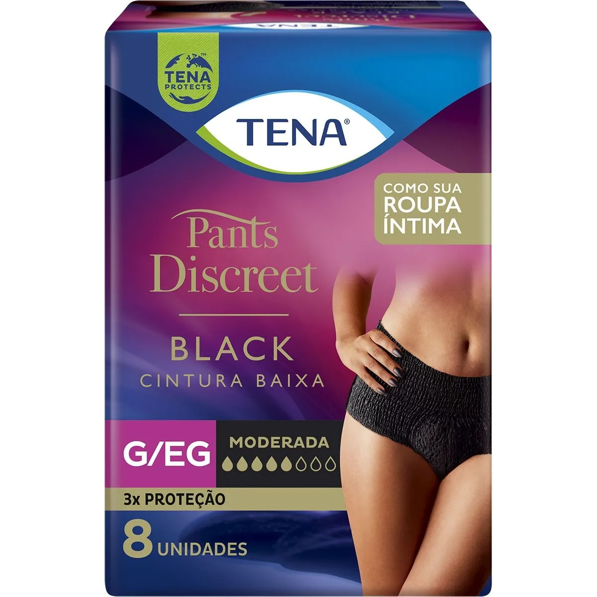 Roupa Íntima Feminina Pants Discreet Black Tamanho Grande e Extra Grande 8 Unidades Tena
