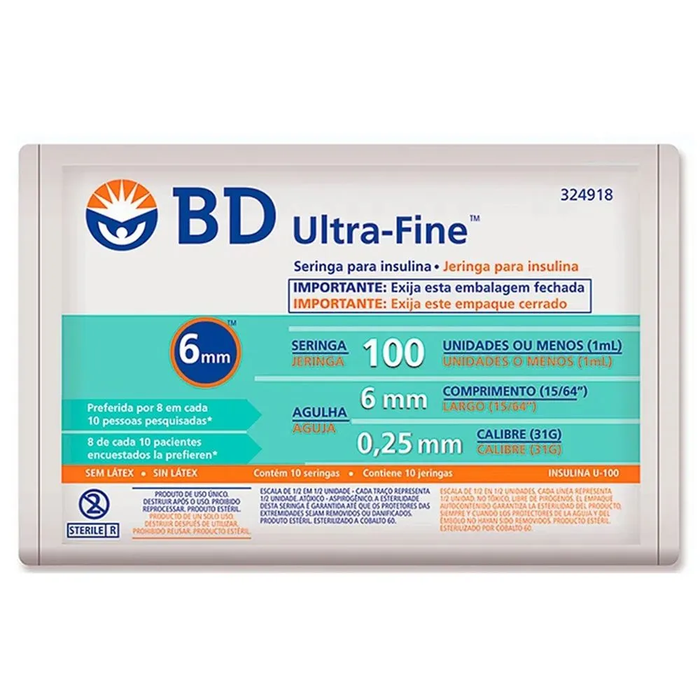 Seringa Para Insulina Bd Ultra-Fine 6Mm/0,25 Com 10 Unidades