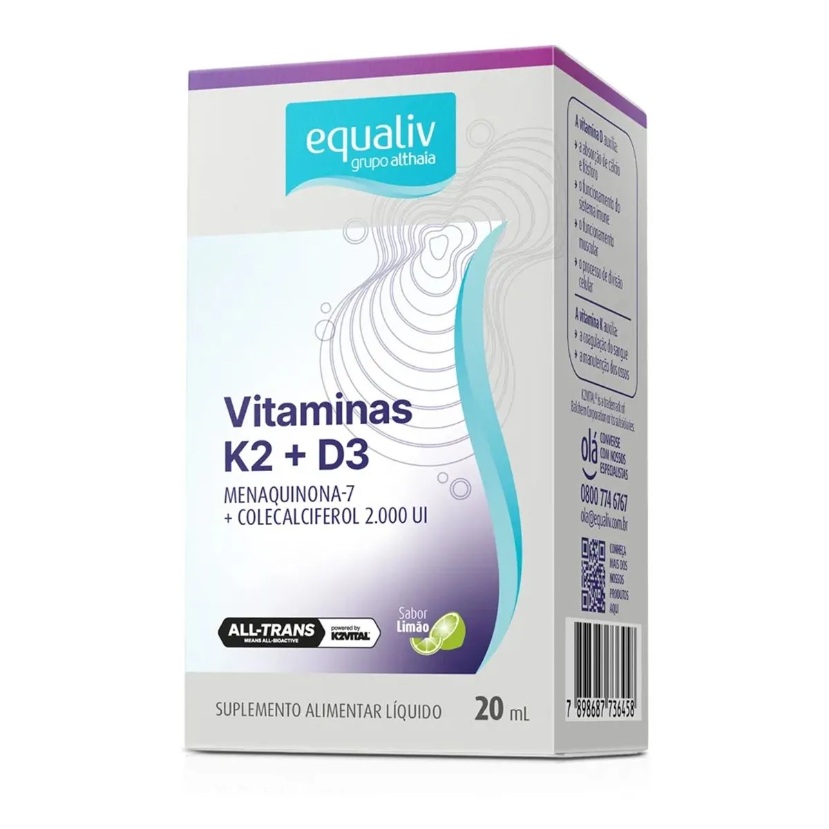 Suplemento Alimentar Líquido Vitaminas K2 80mg e D3 2000UI Sabor Limão Com 20ml Equaliv
