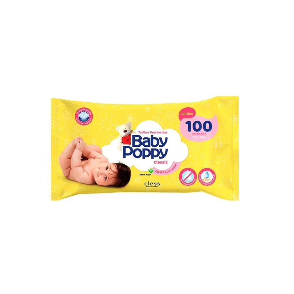 Toalha Umedecida Baby Poppy Amarelo com 100un