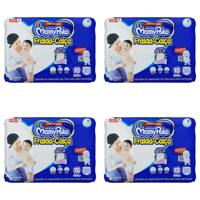 Kit 4 Fraldas Infantil Super Seca Calça MamyPoko XG Pacote 20 Unidades cada