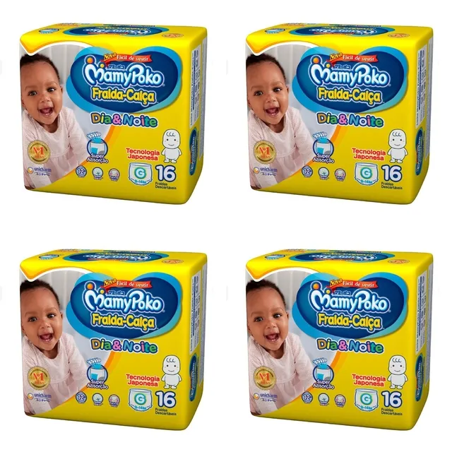 Kit 4 Fraldas Calça MamyPoko Dia e Noite Tamanho "G" com 16 Unidades cada