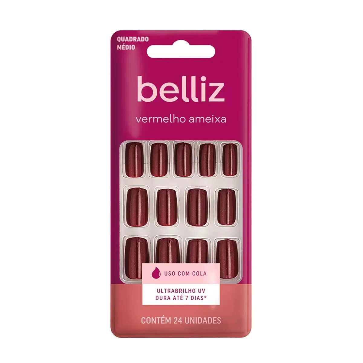 Unhas Postiças Autoadesivas Belliz 24 Unidades Vermelho Ameixa