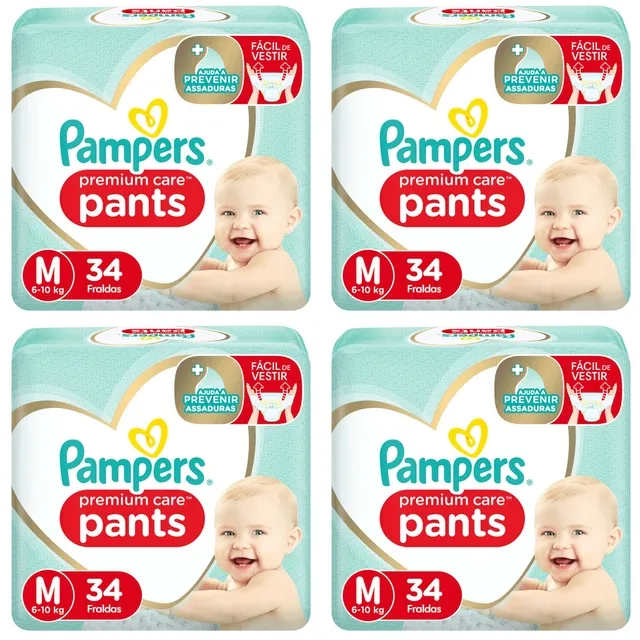 Kit 4 Fraldas Pampers Pants Premium Care M com 34 Unidades cada