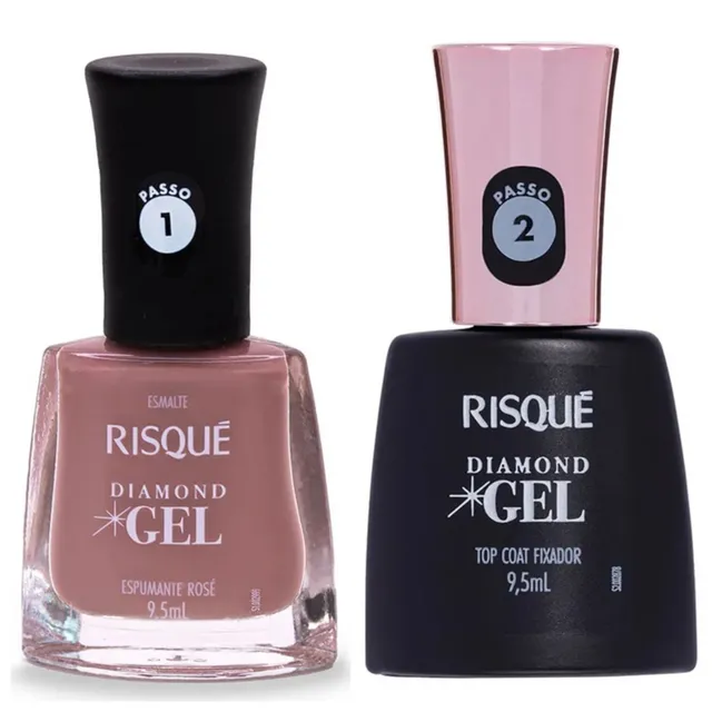Kit Esmalte Risque Diamond Gel Espumante Rose + Fixador Top Coat
