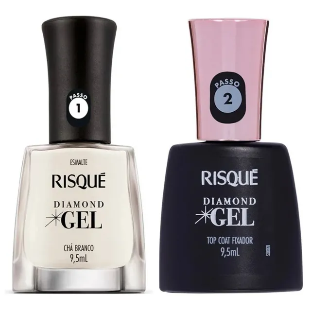 Kit Esmalte Risque Diamond Gel Chá Branco + Fixador Top Coat