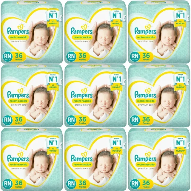 Kit 9 Fraldas Recem Nascido Premium Care ”Rn” Pampers c/36 Unidades cada