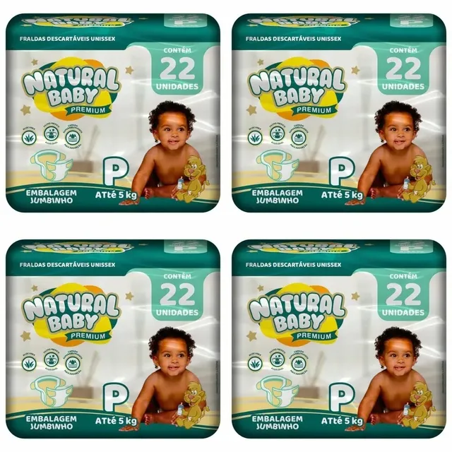 Kit 4 Fraldas Natural Baby Premium Jumbinho P c/22 Unidades cada