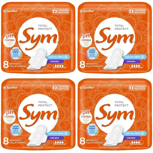 Kit c/4 Absorventes com Abas Total Protect Seca Sym Pacote 8 Unidades cada