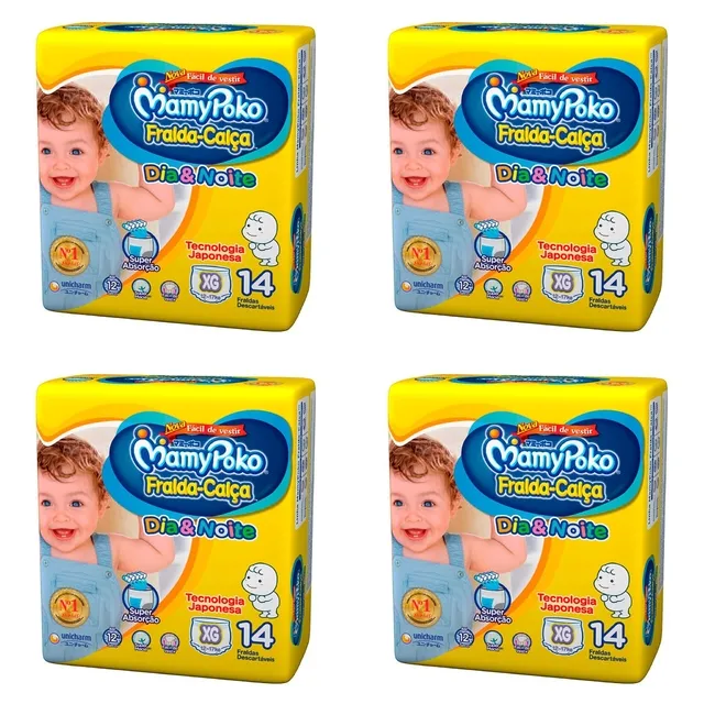 Kit 4 Fraldas Calça MamyPoko Dia e Noite Tamanho XG com 14 Unidades cada