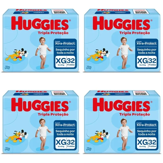 Kit 4 Fraldas Huggies Tripla Proteção Tamanho XG 32 Unidades cada
